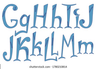 Stitched alphabet for halloween. Hand-drawn lettering in frankenstein style. G, H, I, J, K, L, M letters for your design, banner, logo, type, card, poster. Uppercase and lowercase font