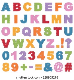 stitched alphabet shapes with letters, numbers and punctuation, isolated on white