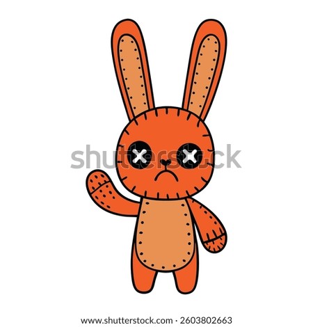 A stitched, angry voodoo bunny with glowing eyes, holding up a finger in a defiant gesture. Its expression is fierce, and the threads seem to pulse with dark energy.