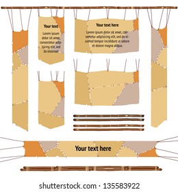 stitched animal skins border. backdrop for text. Stone age caveman or barbarian hunting theme