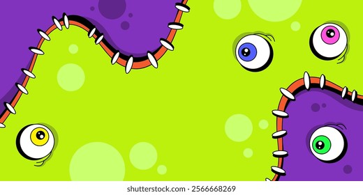 Stitched background in zombie style with an eyes. Split background for Halloween holiday. Hand drawn in cartoon style, vector illustration.