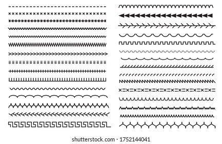Stitched borders set. Illustration of sewing machine seams and embroidery sews stitch