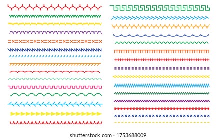 Stitched borders set. Multicolored illustration of sewing machine seams and embroidery sews stitch