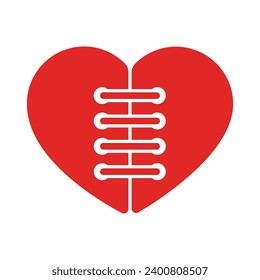 Stitched broken heart with a red thread, symbol of emotional healing and recovery. Simple heart shape stitched with string. Heart being mended with care and warmth concept.