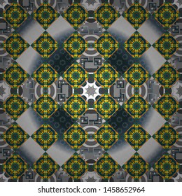 Stitched ethnic design with flowers, leafs and Mandalas. Embroidered colorful seamless pattern. Vector fashion embroidery imitation in blue, gray and brown colors for prints or fabric.