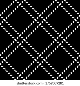 Stitched fabric pattern vector in black and white. Seamless diagonal dark tartan check plaid for skirt, bag, shirt, blouse, or other modern autumn winter textile print.