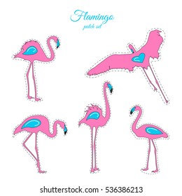 Stitched fashion patch badges collection set of exotic tropical flamingo birds in different postures. Pink and blue on white background. Isolated vector design illustration.