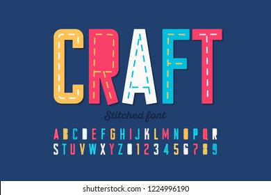 Stitched font, running stitch, alphabet letters and numbers vector illustration