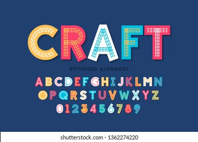 Stitched Font, Triple Stitch, Alphabet Letters And Numbers Vector Illustration