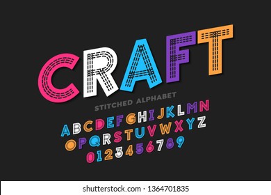 Stitched font, triple stitch, alphabet letters and numbers vector illustration