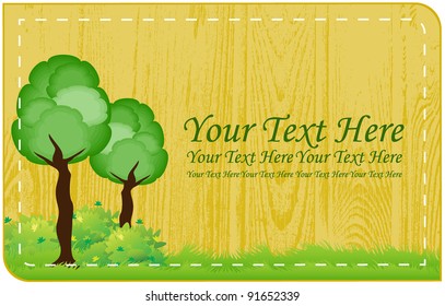 Stitched frame with a wooden texture and green vegetation