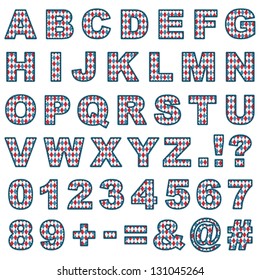stitched harlequin pattern alphabet shapes with letters, numbers and punctuation, isolated on white