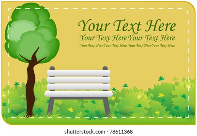 Stitched a label located on it trees, bushes and a white bench with space for inscription