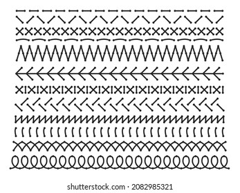 Stitched lines. Different types decorative seams, embroidery rows. Black stitches, crosses and loops, monochrome sewing borders, textile and fabric decoration, vector