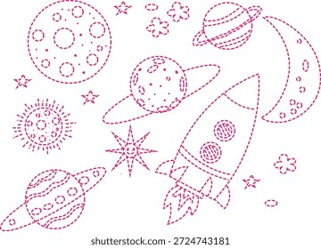 Stitched outline design featuring a whimsical collection of space elements like rockets planets and stars for crafting.