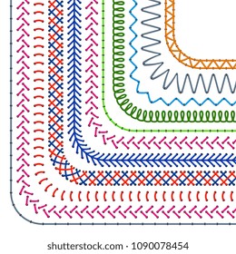 Stitched pattern brushes. Seamless seam borders and sewing dividers vector set. Illustration of stitch embellishment corner