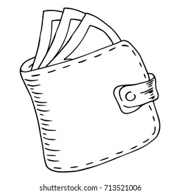 Stitched purse. Wallet icon. Vector illustration of a wallet with bills. Hand drawn wallet with money.