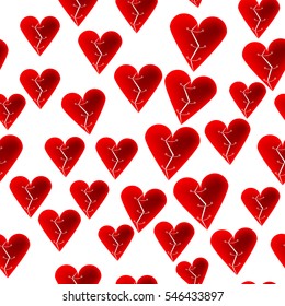 Stitched red broken hearts on white background seamless pattern for St.Valentines cards