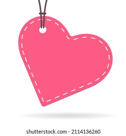 Stitched red heart shaped label hanging from drawstring  Vector illustration 