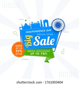 Stitched Ribbon, Label or Sticker Design with Best Discount Offer for Big Sale Independence Day on White Rays Background.
