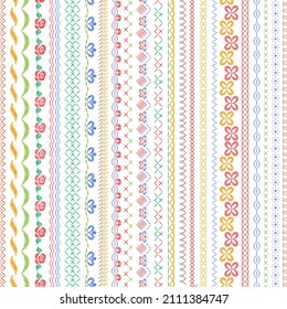 Stitched seamless borders. Embroidery stripes, geometric and floral stitches. Sew fabric lines, decorative thread embroidered. Tailor nowaday vector set