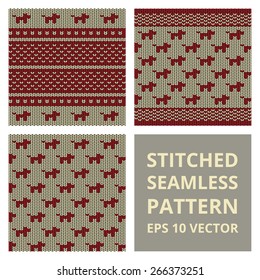 Stitched seamless pattern set with silhouette of dog. Fabric cute background collection in red and brown colors