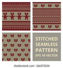 Stitched seamless pattern set with silhouette of bear or dog. Fabric cute background collection in red and brown colors