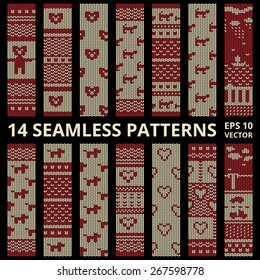 Stitched Seamless Pattern Set With Silhouette Of Bear, Dog, Cat, Car, Heart And Ship. Fabric Cute Background Collection In Red And Brown Colors