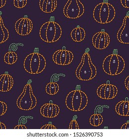 Stitched style cute Halloween pumpkins, cartoon craft characters, vector seamless pattern