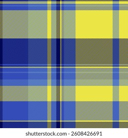 Stitched texture pattern textile, weave check vector tartan. Dining room background seamless plaid fabric in blue and yellow colors palette.
