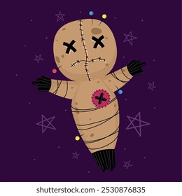 Stitched voodoo doll with colorful pins and sad expression, Vector