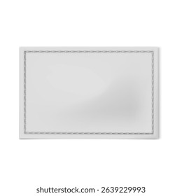 Stitched white textile label. Fabric tag for textile. Vector realistic mockup of rectangle blank cloth label, cotton badge sewn on. Woven fashion sticker for size, material, wash information