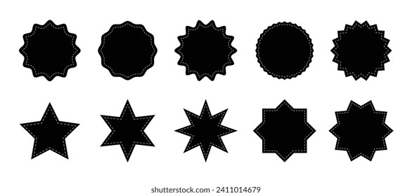 Stitched zig-zag circle collection in black color. Circle with sharp and rounded waves edge. Sale and big set of black zig-zag circle sticker, Sale and discount template sticker.