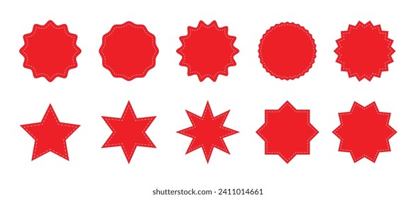 Stitched zig-zag circle collection in red color. Circle with sharp and rounded waves edge. Sale and big set of red zig-zag circle sticker, Sale and discount template sticker. Red sale labels isolated.