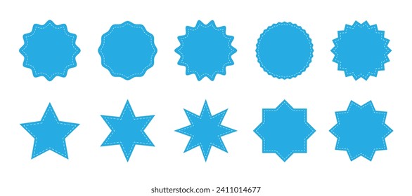 Stitched zig-zag circle collection in sky blue color. Circle with sharp and rounded waves edge. Sale and big set of blue zig-zag circle sticker, Sale and discount template sticker. Blue sale labels.