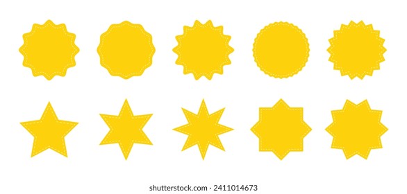 Stitched zig-zag circle collection in yellow color. Circle with sharp and rounded waves edge. Sale and big set of yellow zig-zag circle sticker, Sale and discount template sticker.