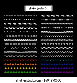 Stitches Brushes Patterns. Fabric Embroidery Stitch Set, Craft Stitching Vector Brush Threads, Stitched Fringes And Lines, Geometric Meander And Zigzag Sewing Pattern Machine Texture