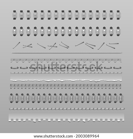 Stitches, notebook spiral binding and stapler pins, divider realistic vector mockups. Wire rings, binders, silver metal springs and torn pages of notebook or notepad, connecting stitches and seams [[stock_photo]] © 