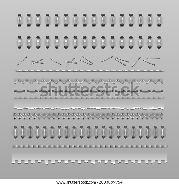 Stitches, notebook spiral binding and stapler pins,\
divider realistic vector mockups. Wire rings, binders, silver metal\
springs and torn pages of notebook or notepad, connecting stitches\
and seams