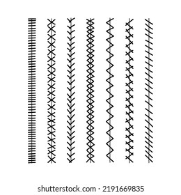 Stitching, embroidery, sewing borders, hand-drawn doodle. Decor element. Frames. Stitching and embroidery variations. Simple vector illustration.