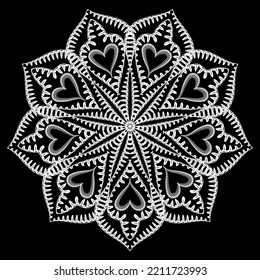 Stitching floral mandala pattern. Embroidery flower. Tapestry ornaments with love hearts. Black and white vector background. Ornamental stitch embroidered texture. Decorative embroidery design.