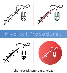 Stitching icon. Suture device. Medical surgical procedure. Wound treatment. First aid. Injury healing. Health care. Open cut help. Flat design, linear and color styles. Isolated vector illustrations