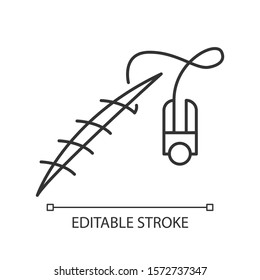 Stitching Linear Icon. Suture Device. Medical Procedure. Wound Treatment. First Aid. Open Cut And Gash. Thin Line Illustration. Contour Symbol. Vector Isolated Outline Drawing. Editable Stroke