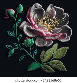 Stitching lines colorful 3d peony flowers pattern. Embroidered exotic flowers, leaves. Embroidery floral modern background illustration. Beautiful stitch textured flowers. Surface texture. Vector.