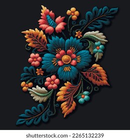 Stitching lines colorful embroidery floral pattern background illustration. Embroidered bright stitch flowers, leaves. Tapestry blossom flowers ornament. Decorative ornamental textured vector design.