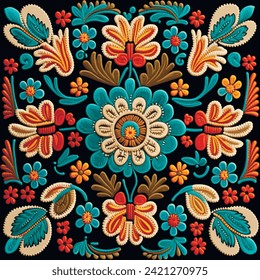 Stitching lines colorful embroidery floral seamless pattern background. Embroidered bright stitch flowers, leaves. Tapestry blossom flowers ornament. Decorative ornamental textured vector design.