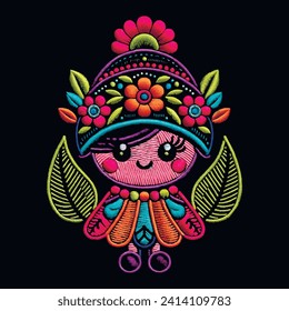 Stitching lines embroidery ornamental smiling little dolly girl pattern with flowers. Tapestry cartoon dolly. Stitch textured embroidered cute girl. Floral vector background. Needlework texture.