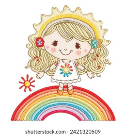 Stitching lines embroidery smiling happy cartoon little girl with blonde long hair, freckles on colorful rainbow. Isolated design. Beautiful funny dolly. Stitch textured funny embroidered cute girl. 