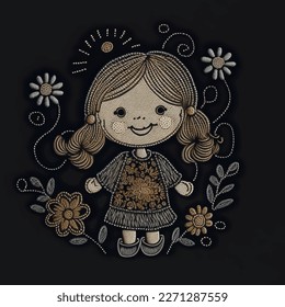 Stitching lines embroidery smiling little girl with flowers. Doodle tapestry cartoon dolly. Stitch textured funny embroidered cute girl. Floral vector background illustration. Needlework texture.