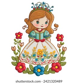 Stitching lines embroidery smiling little princess with crown, flowers. Isolated design. Beautiful cartoon dolly. Stitch textured funny embroidered cute girl. Floral vector background illustration. 